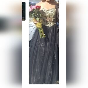 Black Tulle Evening Gown with Gold Appliqué